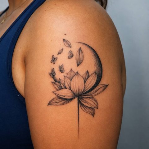 Fine line lotus tattoo on a shoulder