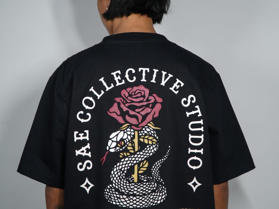 SAE Collective Studio t-shirt with a snake and rose reading Art Changes Everything, Uluwatu Bali