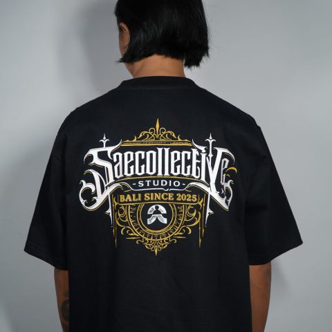 SAE Collective Studio t-shirt with a gold crest reading Bali Since 2025