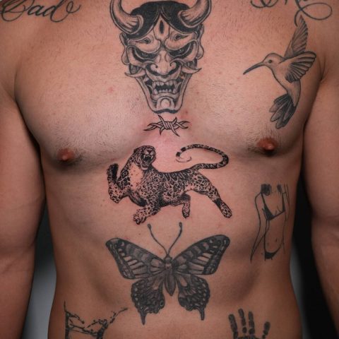 Traditional flash tattoos across a torso